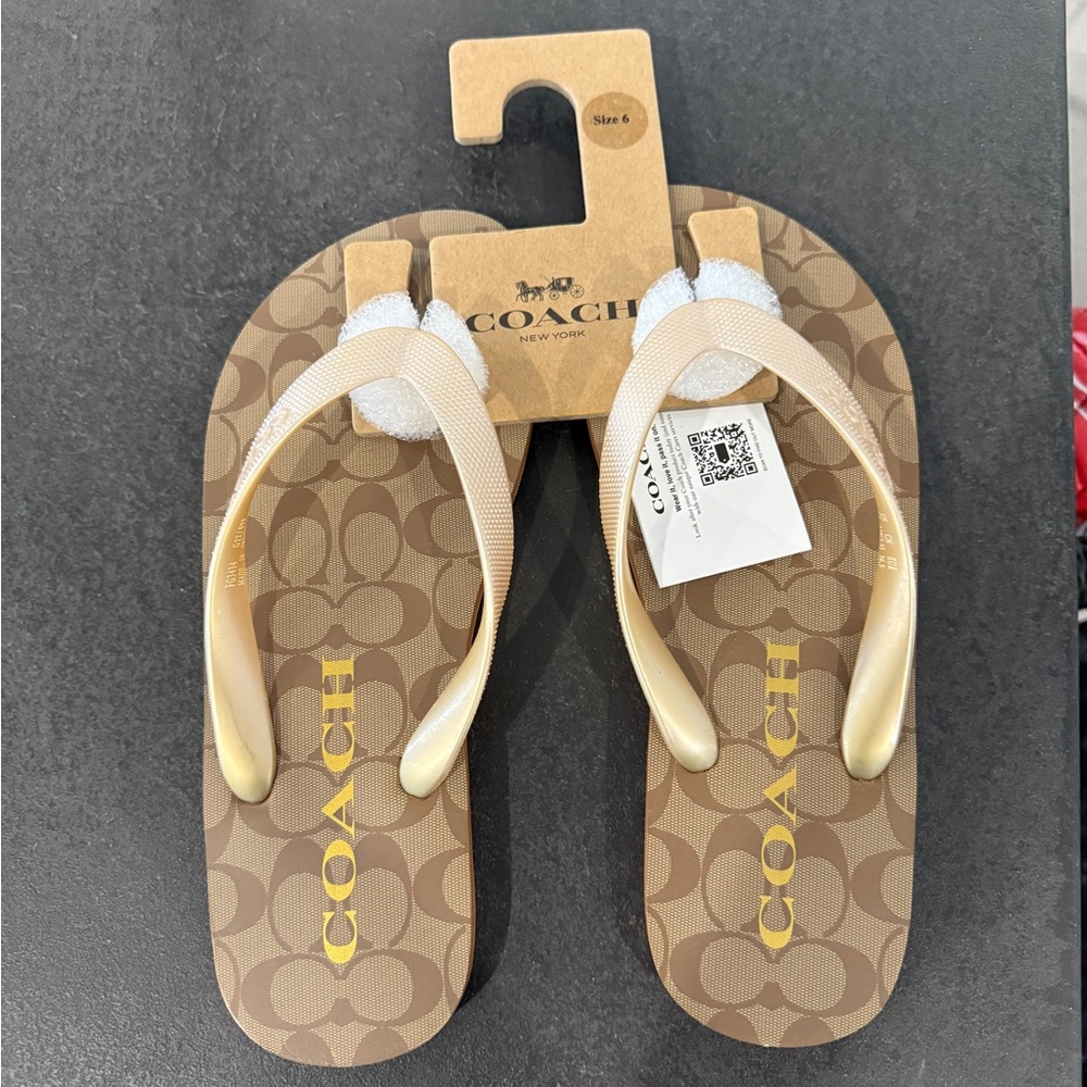 Coach Tan and Yellow Flip Flops